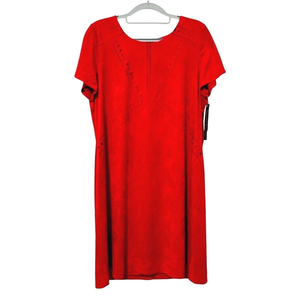Danillo Boutique Shift Dress Red Faux Suede Laser Cut Short Sleeve Womens 12